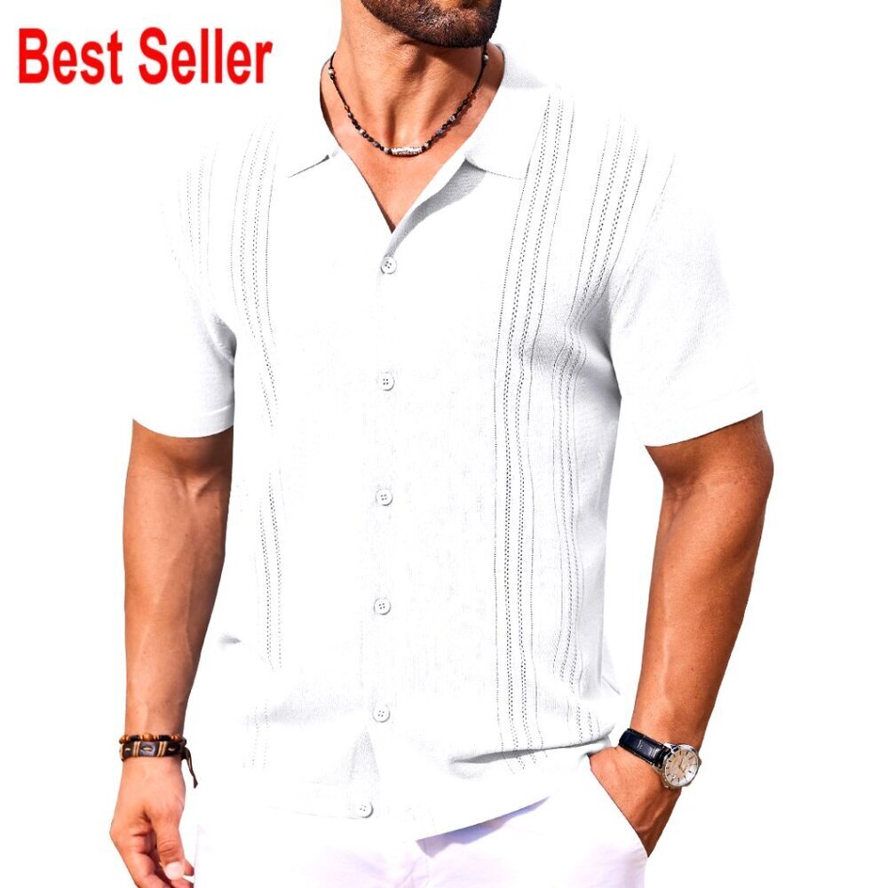 Men's Short Sleeve Button Down Shirt Soft Knitted Fabric Guayabera Style